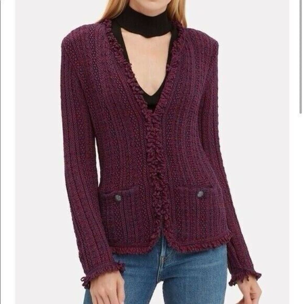 INTERMIX Ikaterina Two Tone Knit Cardi Sweater Jacket Red Fringe Trim Size 6